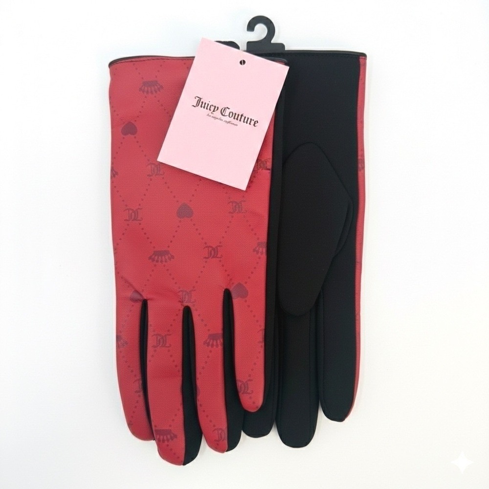 Juicy Couture Red Crown Heart Gloves Womens One Size Polyurethane Blend NEW